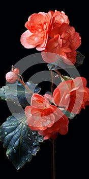 Hyperrealistic Bead Water Droplets On Red Begonia Flowers