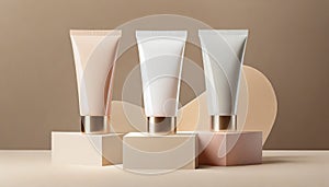 Three tubes tonal foundation makeup mock up on podiums on beige background. BB or CC face cream