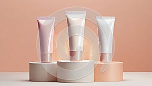 Three tubes tonal foundation makeup mock up on round podiums. BB or CC face cream container photo