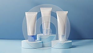 Three tubes tonal foundation makeup mock up on round podiums on blue background. BB or CC face cream