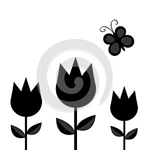 Three tulip flower set with leaf and flying butterfly insect black silhouette shape form. Simple sticker template. Floral plant de