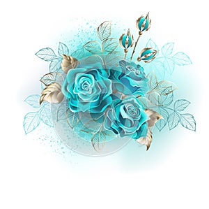 Three turquoise roses on white background