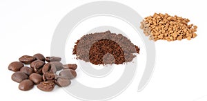 Three types of coffee: beans, ground and instant