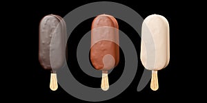 three types ice cream chocolate escimo isolated on black. Chocolate glazed icecream on stick. Ice cream covered in dark, milk and