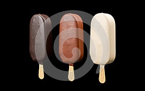 three types ice cream chocolate escimo isolated on black. Chocolate glazed icecream on stick. Ice cream covered in dark, milk and