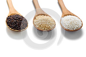 Three types of rice in the wooden spoons