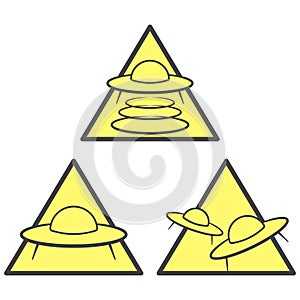 Three UFO warning icons - abduction, attack and arrival area. Vector on white background.