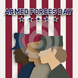 Three uniformed soldiers on striped background. Armed forces day card