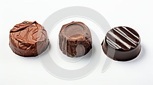 Three unique chocolate candies on a white background. Concept of confectionery variety, chocolate truffles, gourmet