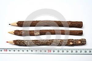 Three unusual pencils made of branches near to a measuring ruler