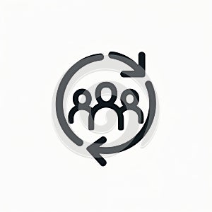 Three user figures within circular arrow. Graphic represents customer retention, user loyalty. Shows continuous client service,