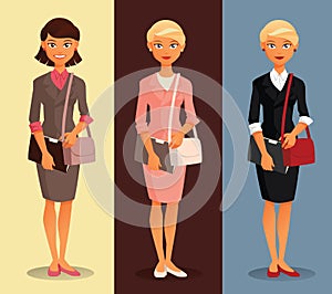 Three variants of a businesswoman with different hairdos and clothing colors