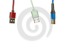 Three varicolored Universal Serial Bus cables on a white background