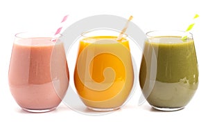 Three Varieties of Healthy Smoothies on a White Background