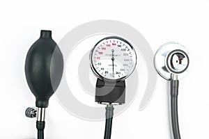 Three various essential part of a blood pressure measuring machine on a white background
