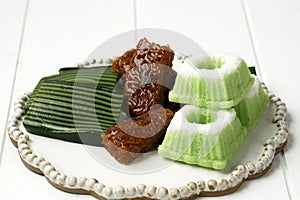 Three Various Jajan Pasar, Indonesian Traditional Snack for Tea Time, Kue Putu Ayu, Wajik, and Kuih Lapis Beras