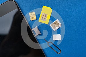 the three various sim cards - nano, micro, mini and normal sim, 5g or 4g wireless technology