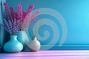 Three vases with flowers in them two of which are purple and one is blue. Generative AI