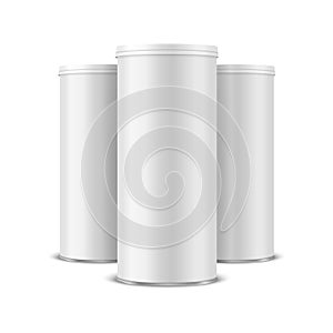 Three Vector 3d Realistic Blank White, Black Metal Tin Can with Lid, Canned Food, Potato Chips Packaging Set Isolated On