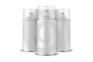 Three Vector 3d Realistic White Aluminum Blank Spray Can, Bottle, Transparent Lid Isolated. Small, Medium, Big Size