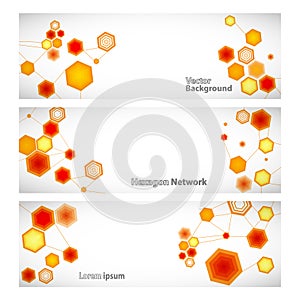 Three vector banner with abstract orange linked hexagons