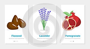 Three vector banners of food suplements. Isolated vertical onboarding templates with fruit and botanical pictures