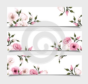 Three vector banners with pink lisianthus flowers.