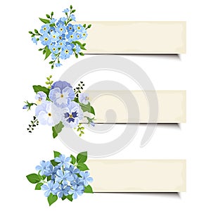 Three vector banners with various blue flowers. Eps-10.