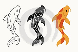 Vector Koi fish, 3 versions, outline, silhouette and colored