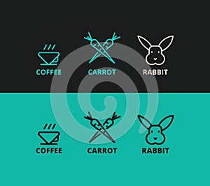 Three vector logos of rabbit, carrot, coffee