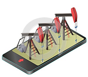 Three vector oil extraction pumps in mobile phone in isometric perspective.