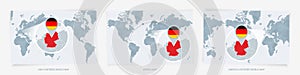 Three versions of the World Map with the enlarged map of Germany with flag