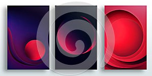 Three vertical abstract banners with red and purple shapes