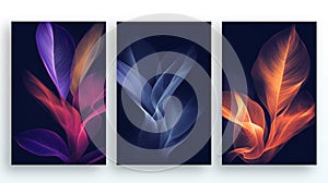 Three vertical banners with colorful leaves, swirling smoke shape