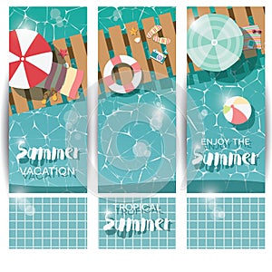 Three vertical banners with swimming pool, top view, tropical summer time holiday vacation
