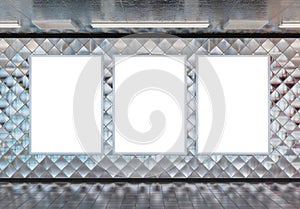 Three vertical billboards on underground subway wall Mockup. Hoardings advertising triptych on train station 3D rendering