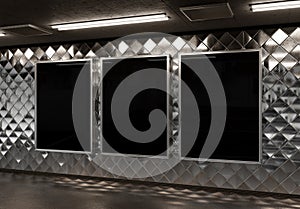 Three vertical billboards on underground subway wall Mockup. Hoardings advertising triptych on train station 3D rendering