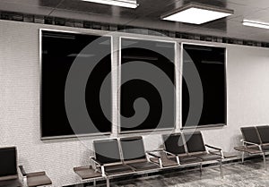 Three vertical billboards on underground wall Mockup. Hoardings advertising triptych on train station interior 3D rendering