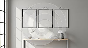 Three Vertical Black Frame Mockup in a Modern, Sunlit Interior