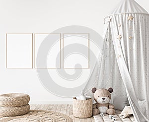 Three vertical frames in children room mock up, kids room design in farmhouse style