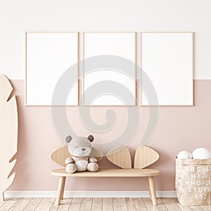 Three vertical frames in children room mock up, kids room design in farmhouse style