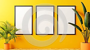 three vertical frames mockup, concept of proposal and design phase of a product, isolated bright yellow background