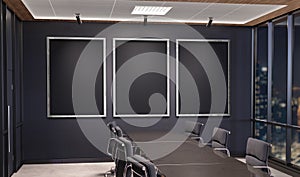 Three vertical frames Mockup hanging in office meeting room. Mock up of billboards in modern company interior 3D rendering