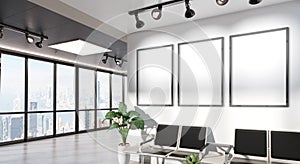 Three vertical frames Mockup hanging in office waiting room. Mock up of billboards in modern concrete interior 3D rendering