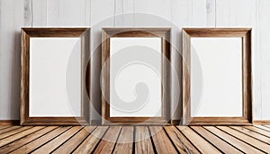 Three vertical modern black frame mock up in a white room, 3d illustration of a white wall render