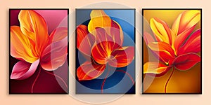 Three vertical posters with close up colorful bright flowers