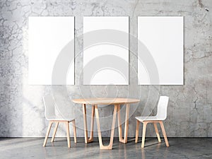 Three Vertical Posters Mockup with Two wooden chairs and table in empty room