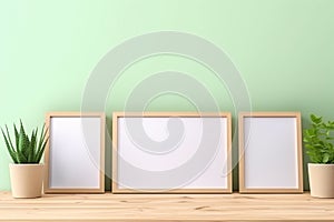 Three vertical wooden empty frame poster on wooden table with lite green pastel wall. 3 frame mock up. Generative AI