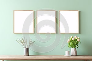 Three vertical wooden empty frame poster on wooden table with lite green pastel wall. 3 frame mock up. Generative AI