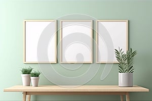 Three vertical wooden empty frame poster on wooden table with lite green pastel wall. 3 frame mock up. Generative AI